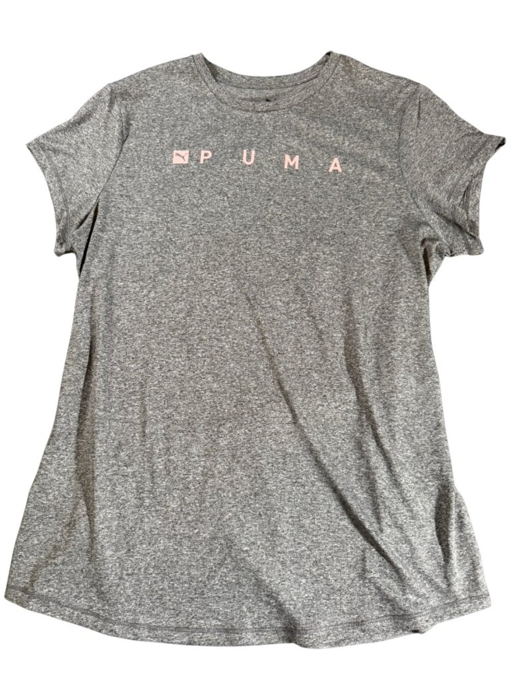 Puma Womens Large Gray Heather Athletic T Shirt Pink Logo Crew Neck Active Tee
